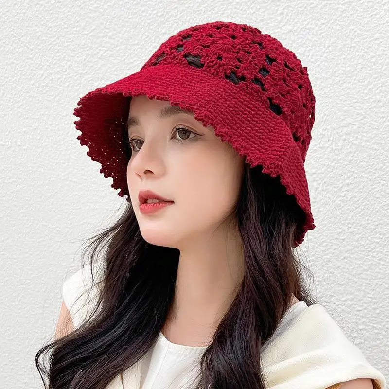 Summer Women\'s Bucket Hat Thin Fashion Western Style Hat Female 2021 Hot Hollow Crocheted Knitted Hat Look Small