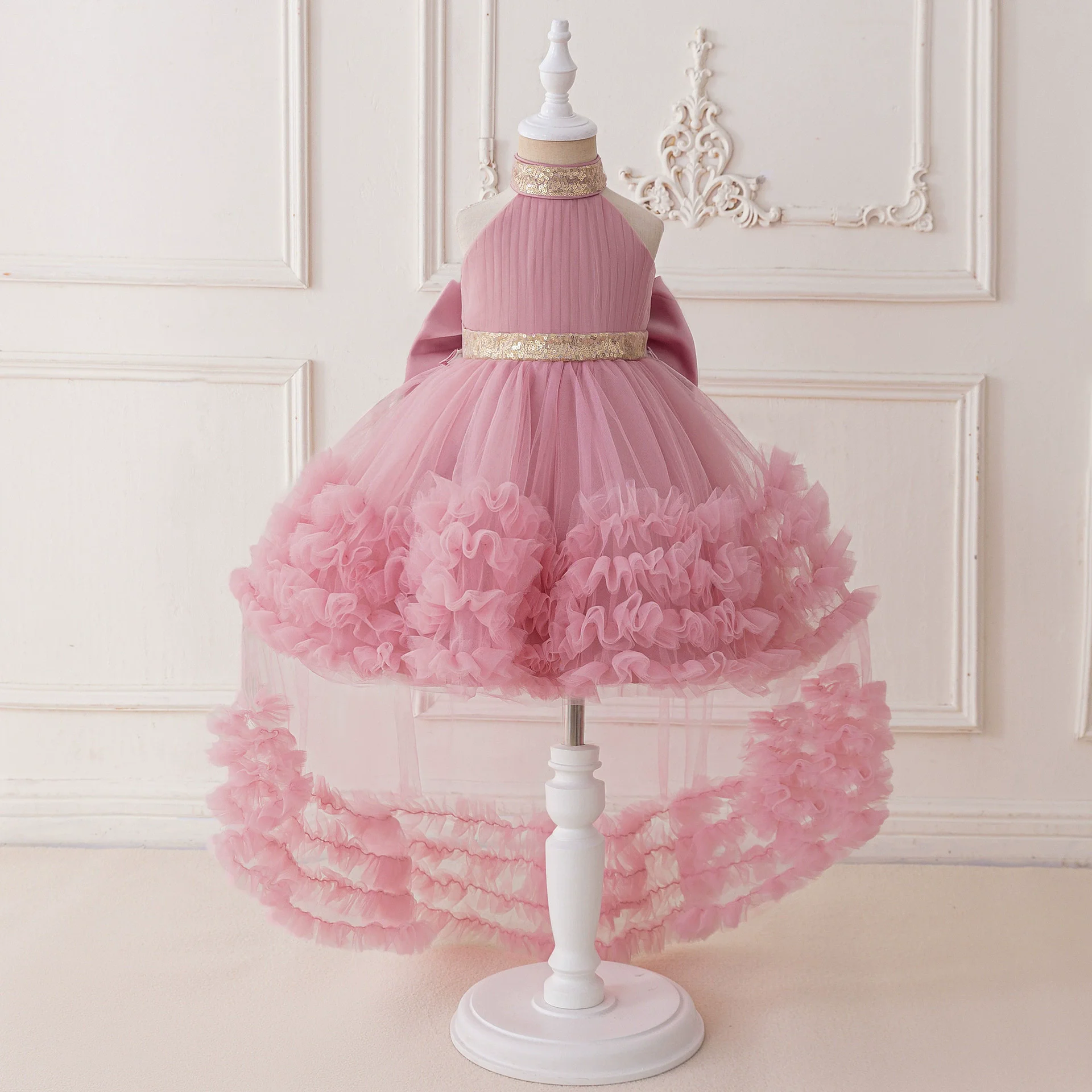 Fashion Children's Tailed Dress Sleeveless Lace Mesh Girls Dresses for Party and Wedding Summer Kids Prom Dresses 1-3Y