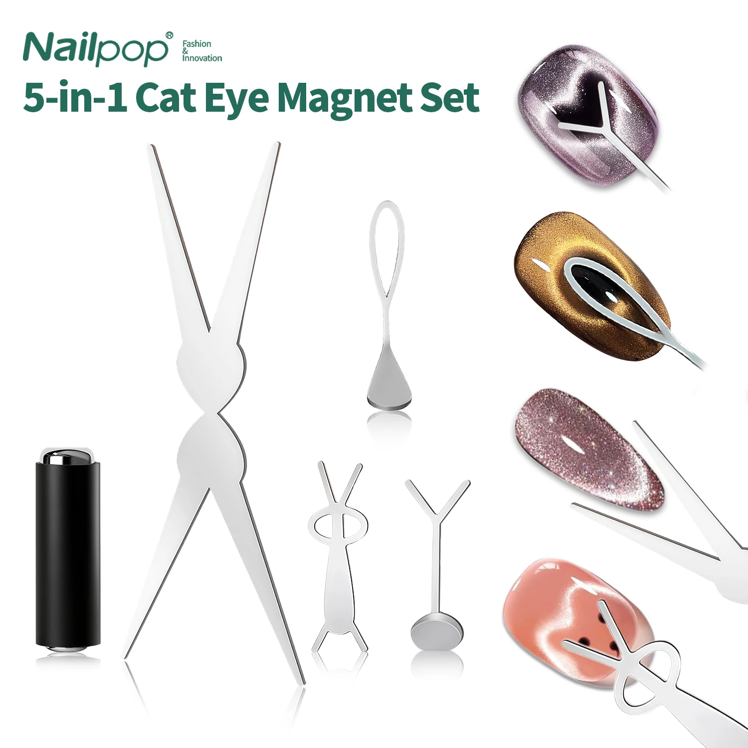 Nailpop Katzenaugen-Magnet-Set, Silber, DIY, französisches breites Kaninchen-Herz, Nagelkunst, Salon, professioneller Gel-Nagellack, Katzenaugen-Nagelwerkzeuge, 1 Set