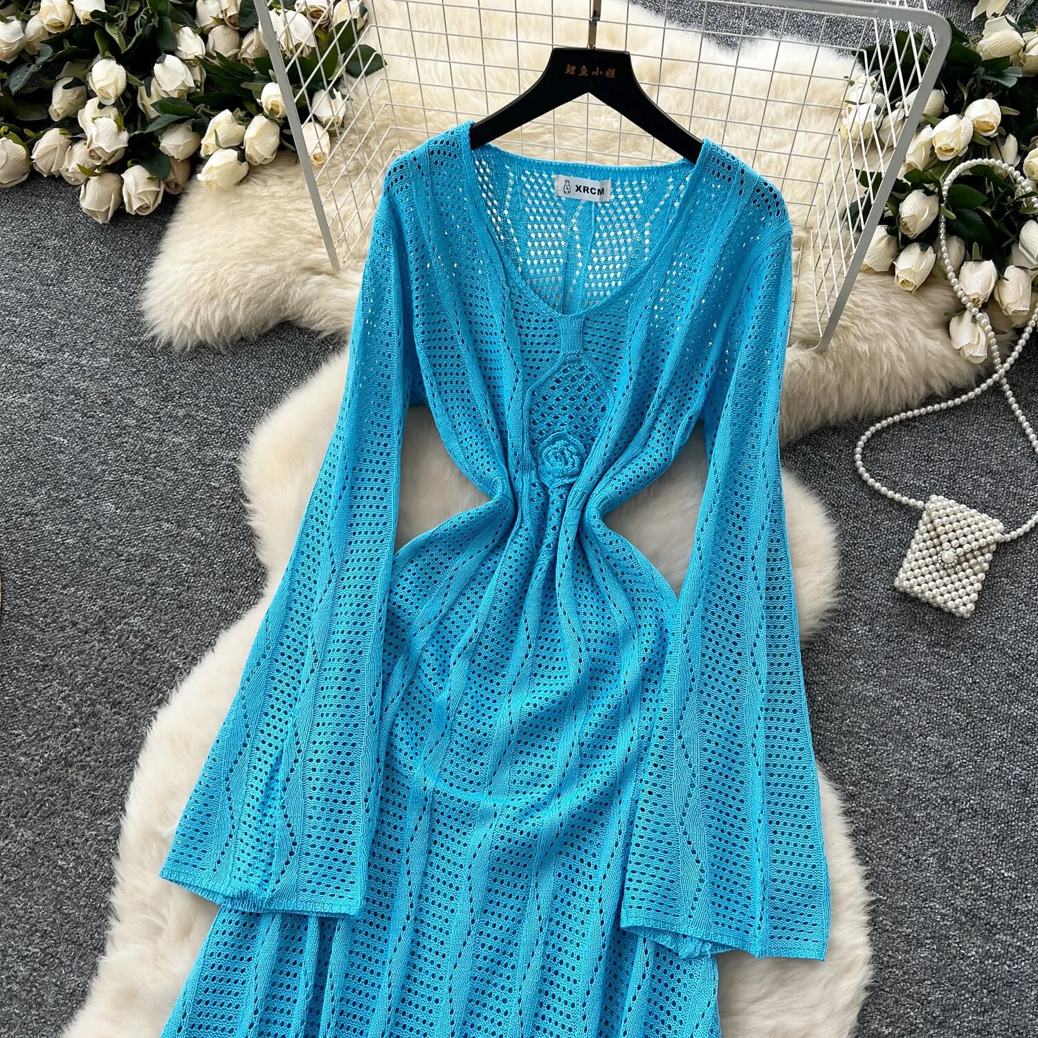 홀리데이 스타일 아우터와 속이 비치는 크로셰 니트 블라우스 스커트, 세련된 스탠드 넥 플라워 V넥 시스루 드레스