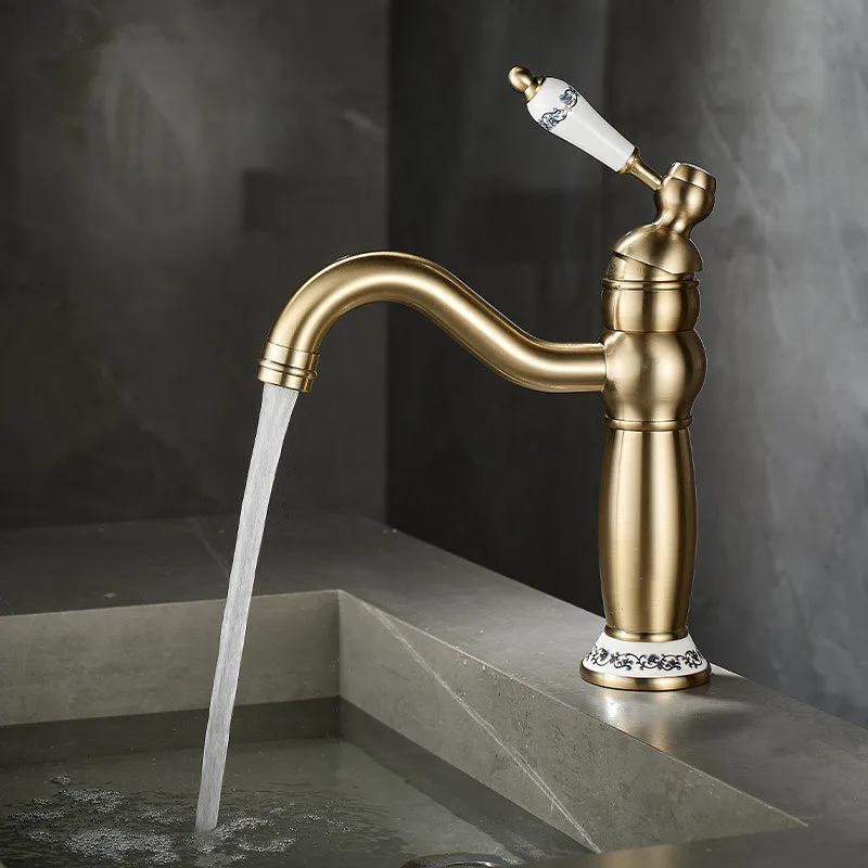 Brushed Gold Bathroom Faucet Antique Basin Faucet Chrome Sink Mixer Tap Hot & Cold Deck Mounted Lavatory Crane Water Tap Black