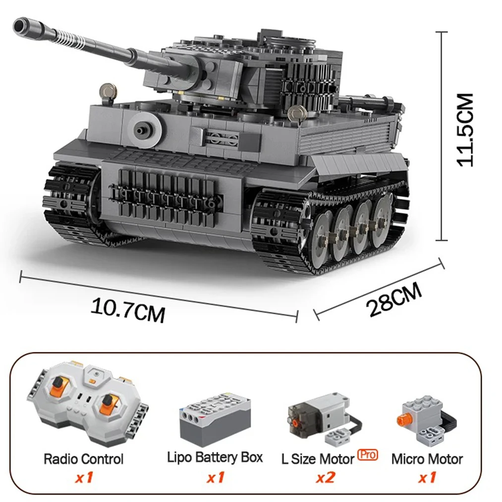 925pcs Ww2 Military Army 1:35 Sd.Kfz.181 Tiger Tank City Remote Control Building Blocks Weapon Bricks RC Vehicle Toys