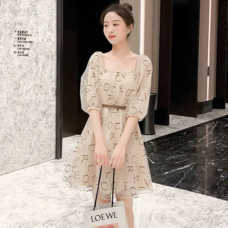 

Fashion Printed Letter Gauze Sashes Puff Sleeve Mini Dress Women's Clothing 2024 Summer New Loose All-match Princess Dress