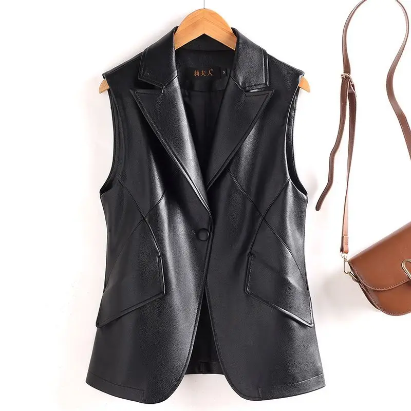 

Leather Vest Women's Autumn and Winter New Sheepskin One-button Slim-fit Medium and Long Vest Leather Jacket Blazer Women's Coat