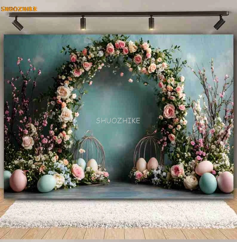 ฤดูใบไม้ผลิ Happy Easter การถ่ายภาพฉากหลัง Arch ดอกไม้กระต่ายไข่กระต่ายสวนดอกไม้เด็ก Portrait ตกแต่งพื้นหลัง Photo Studio