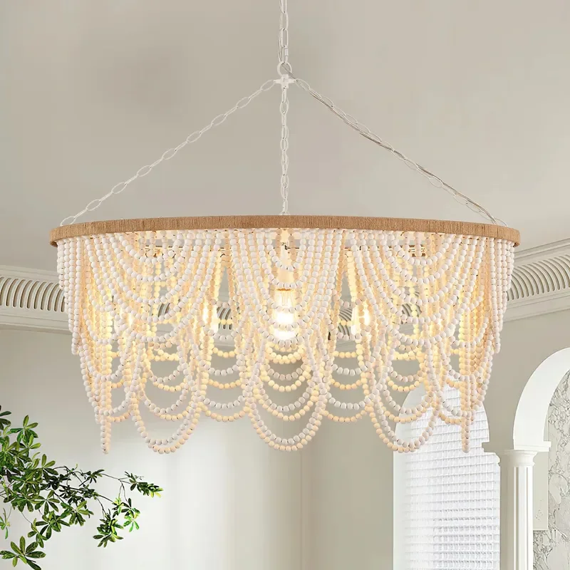 Rustic Boho Wooden Bead Chandelier for Living Room Dining Bedroom Home Decor Hotel Clothing Store Lighting Fixture