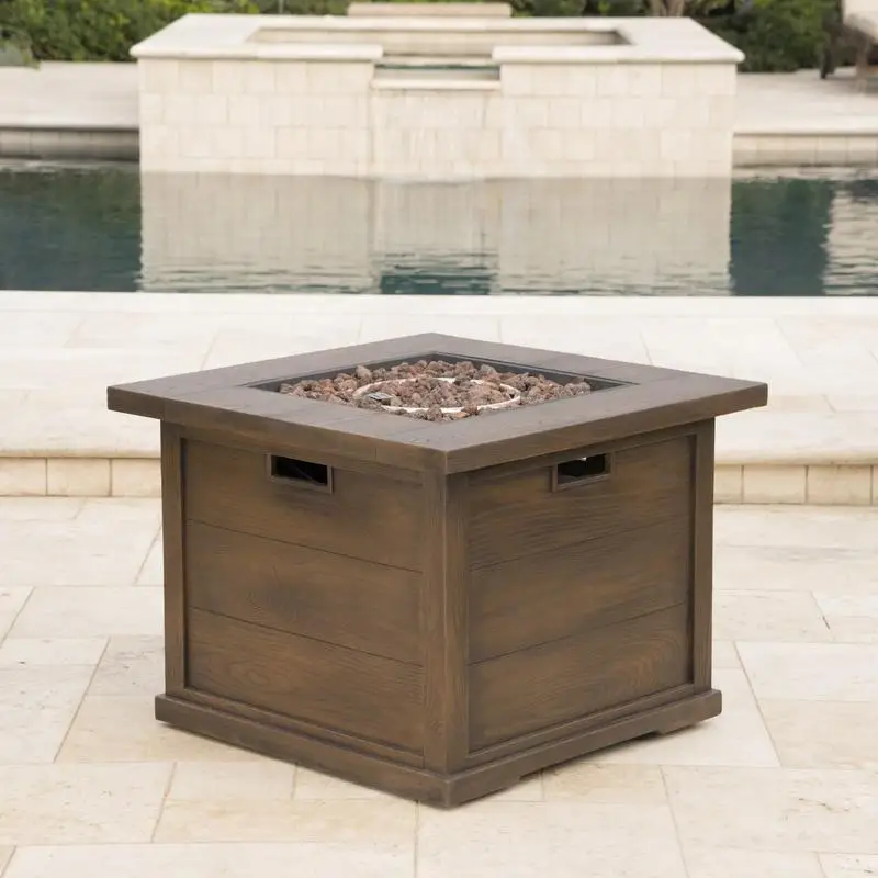 

Outdoor 24" H x 32" W Square Gas Fire Pit with MgO Design, Brown Wood Pattern, 40K BTU, Tank Inside, Perfect for Patios