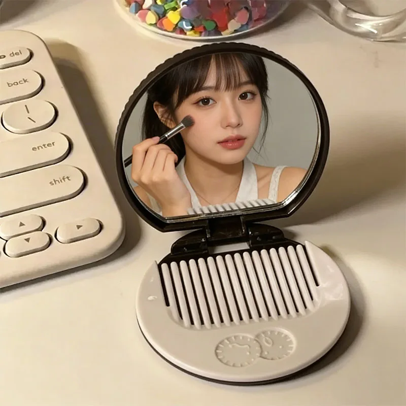 Espejo de Maquillaje Plegable Portátil Redondo con Diseño de Galleta de Chocolate, Mini Espejo de Bolsillo Kawaii para Exteriores, Pequeño Espejo Color Cacao con Peines