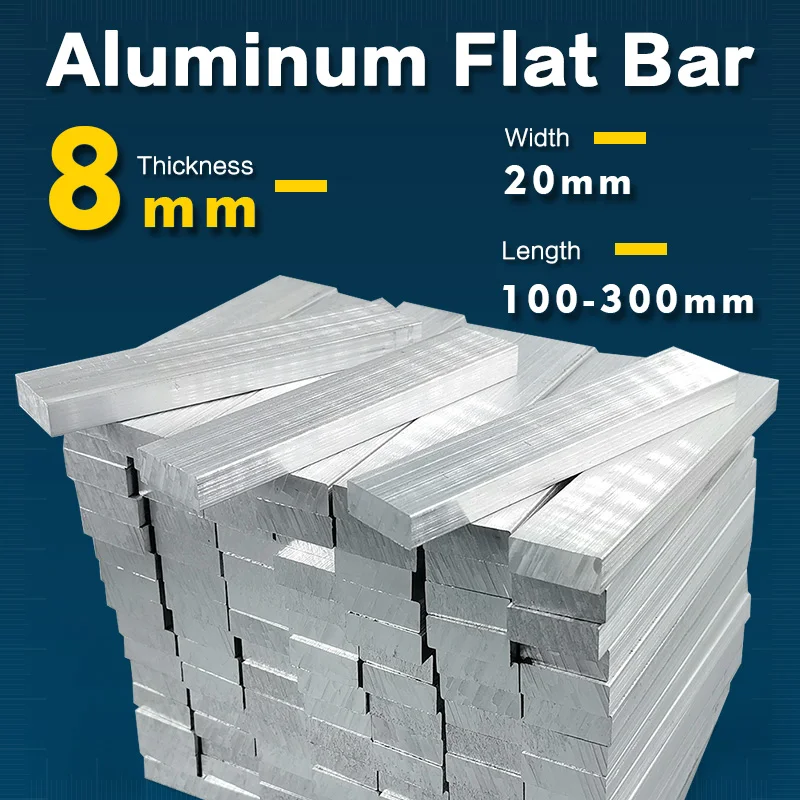 Aluminum Flat Bar Thickness 8mm, Width 20mm, Length 100mm 150mm 200mm 300mm, Aluminium Alloy Plate Metal Solid Square Strip