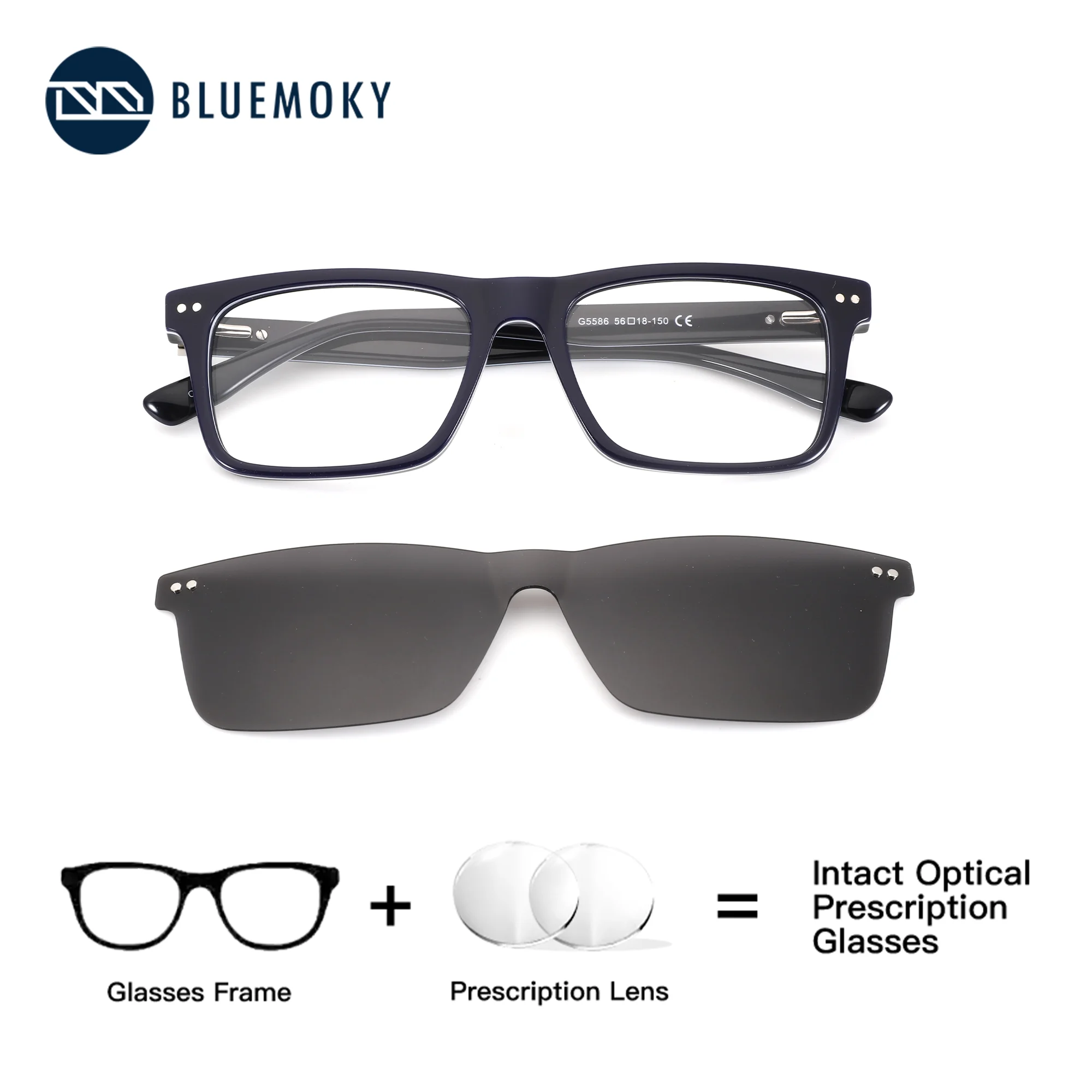 

BLUEMOKY Rectangle Acetate Clip on Prescription Sunglasses Polarized UV400 Men Magnetic Sun Glasses Lenses with Optical Recipe