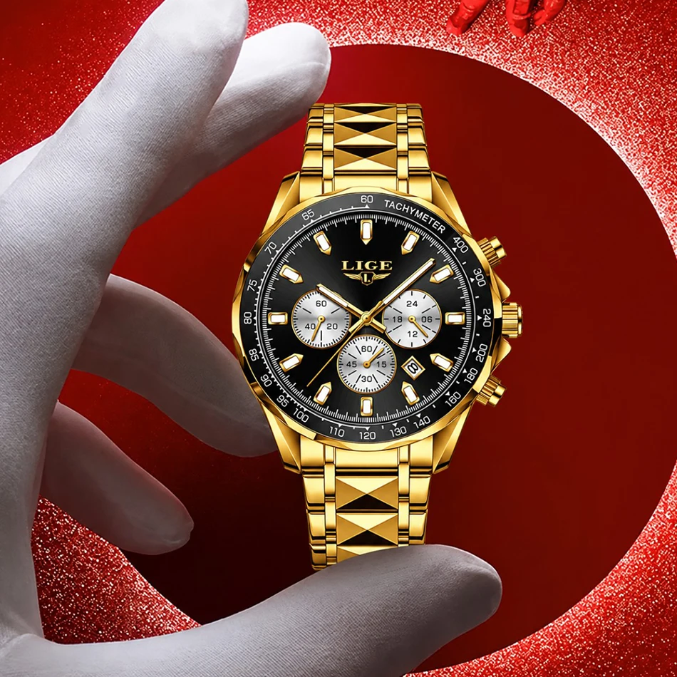LIGE New Luxury Gold Men Watch Outdoor Sports Wateproof Chronograph Quartz Wristwatch Business Sport Male Clock Montre Homme+BOX