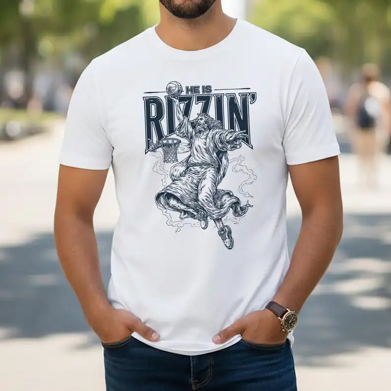 He Is Rizzin' Christian Shirt, Jesus Basketball Tee, Dunking Jesus Meme, Religious Parody Graphic, Gen Z Faith Gift for Her Him
