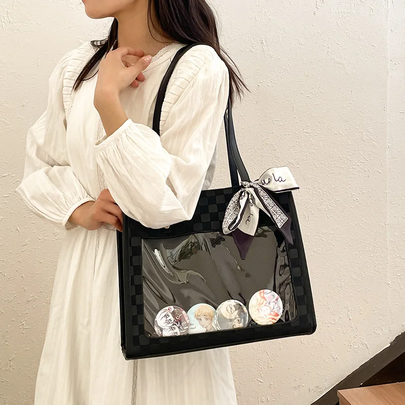 Large Capacity One Shoulder Bow Tie Ribbon Pain Tote Bag anime Badge Transparent Pain Bag