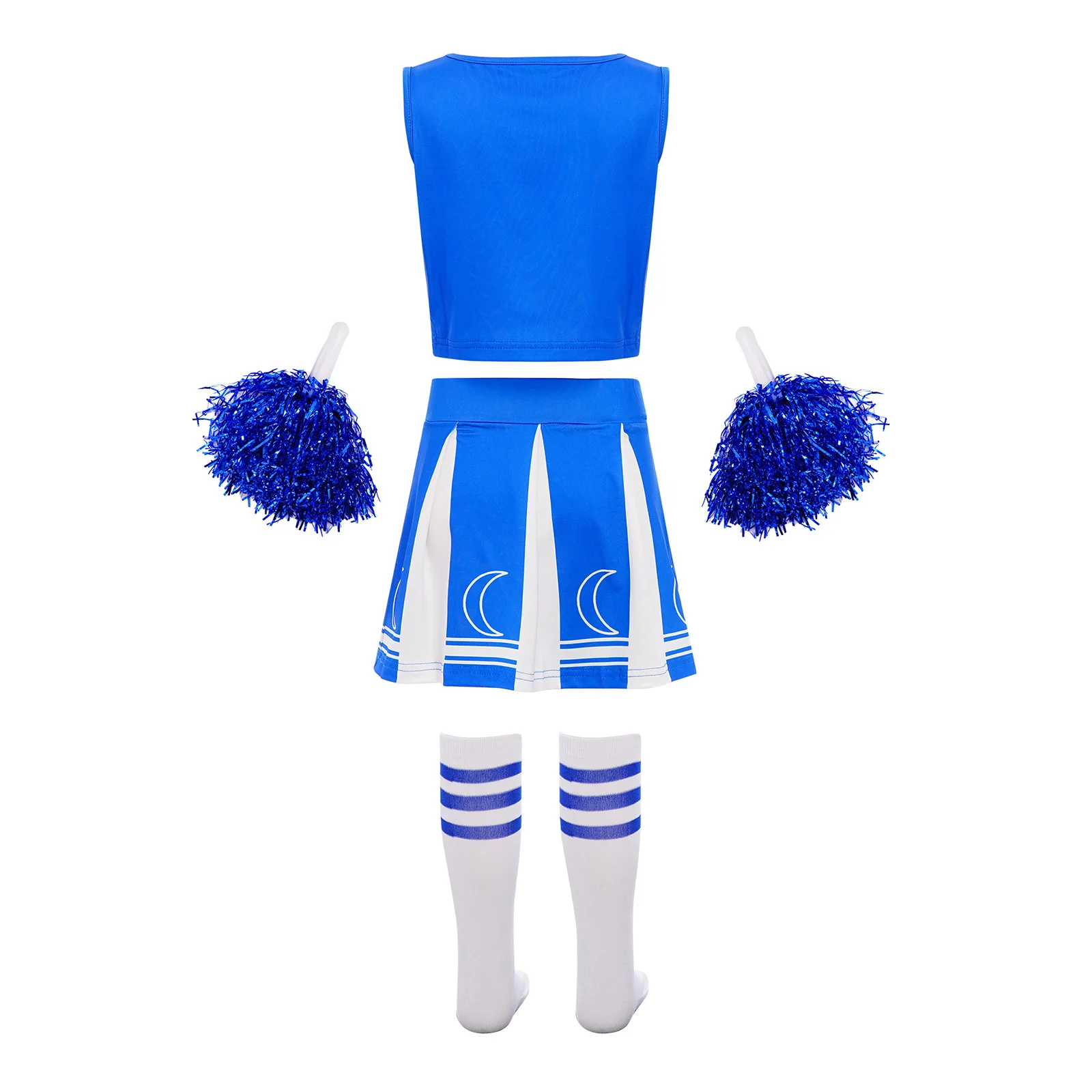 Kids Girls Cheerleading Dance Costume 2-Piece Sleeveless Letter Print Tank Crop Top+Pleated Skirt+2Pcs Flower Balls+1 Pair Socks