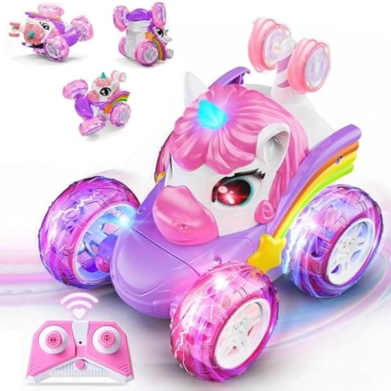 

360 ° Вращающийся радиоуправляемый трюковый автомобиль, подходит для девочек, оснащен милыми огнями, подходит для детских подарков на день рождения