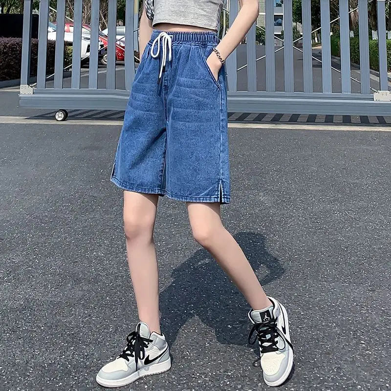 夏の新ストリートジーンズショートパンツ女性ミディハーフレングスデニムショートパンツレディースルーズワイドレッグショートファムパンツ