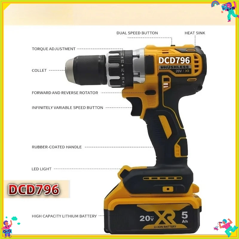 Fit Dewalt DCD796 Brushless Impact Drill Brushless Drill Multifunctional Rechargeable Portable 20V Battery Power Tools