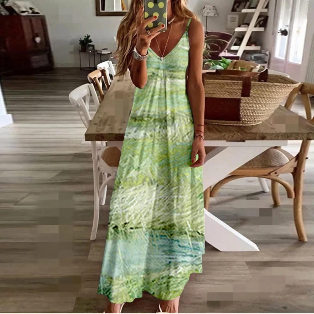 Spring Summer Women V-Neck Painting Printed Sexy Beach Long Maxi Dress Split Sleeveless Clothing Holiday Vestido