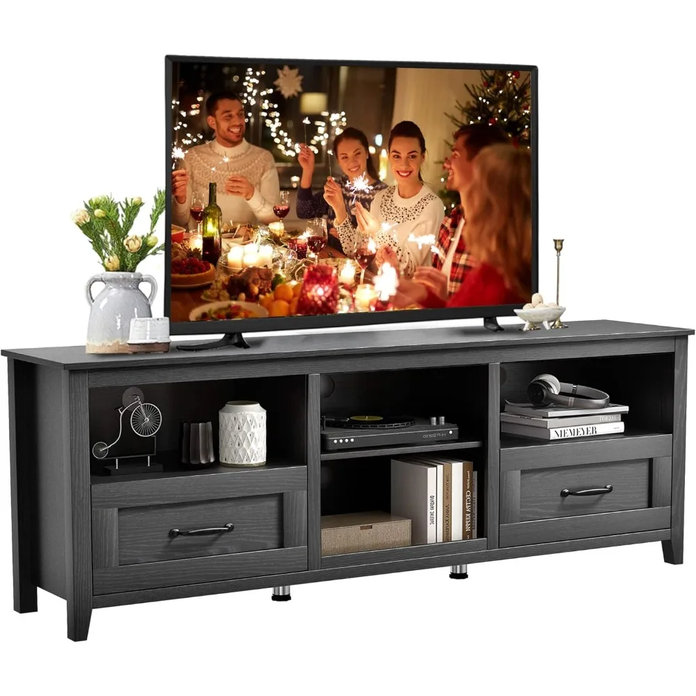 70 Inch TV Stand for 80 Inch TV, Modern Black Entertainment Center Under TV Cabinet with Storage，TV Console Cabinet