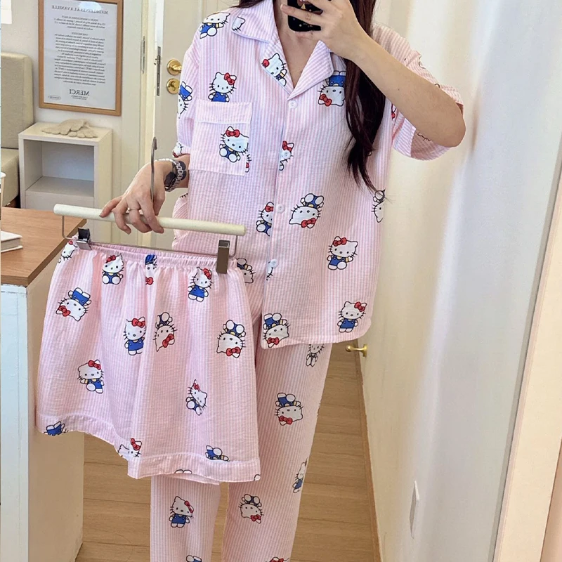 

Hello Kitty Pajamas Girl Cute Cartoon Pajama Set Short Sleeves Shorts Pants Three-Piece Set Sleep Leisure Comfortable Homewear