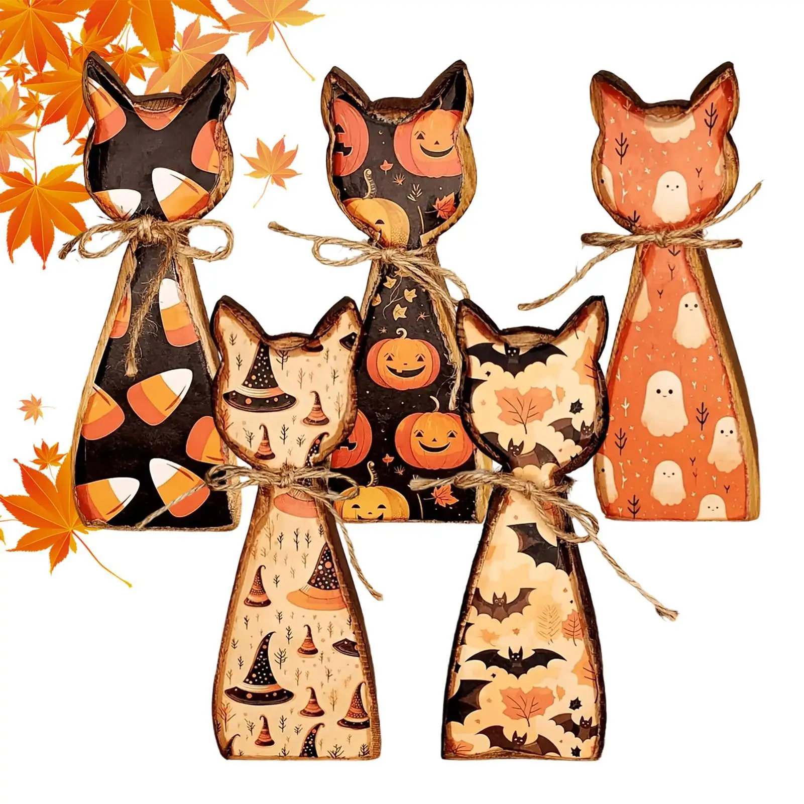 5-piece Halloween Wooden Cat Ornament Double-sided Printing 15cm Farmhouse Wood Cat Figurine Desktop Decorations for indoor home