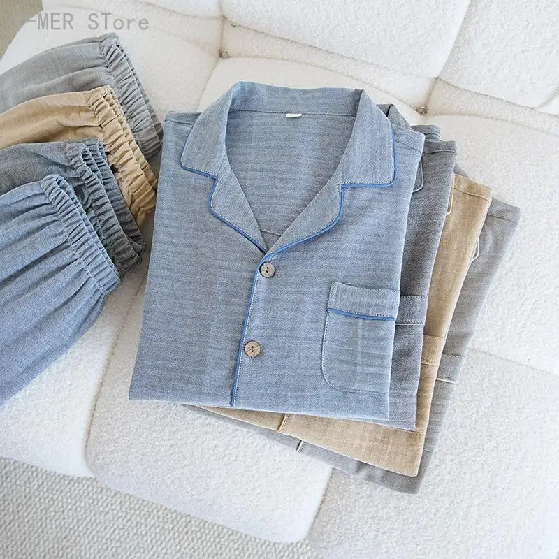 Oversized Cotton Pajama Set for Men Solid Color Lapel Collar Long Sleeve Shirt Pants 2Pcs Comfy Home Sleepwear Loungewear