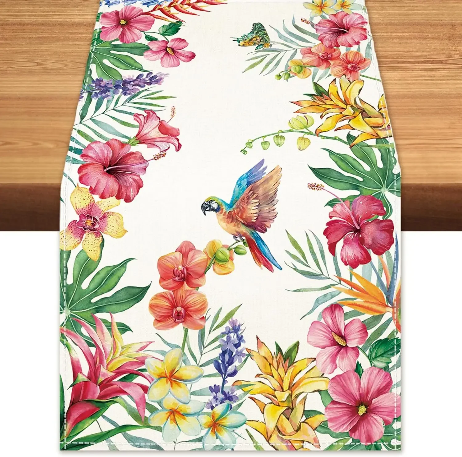 1Pc Tropical Floral Parrot Table Runner White Flower Bird Print Table Cover For Dining Kitchen Party Decoration Tabletop Decor