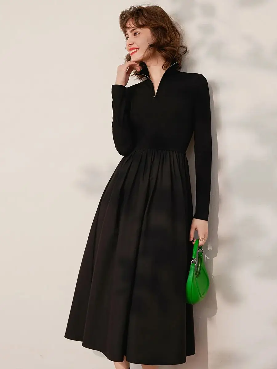 LOUIS YAO Women Dress 2024 Spring New Long Sleeve Stand Collar French Style Slim Fit Casual Fashionable Long Black Dress