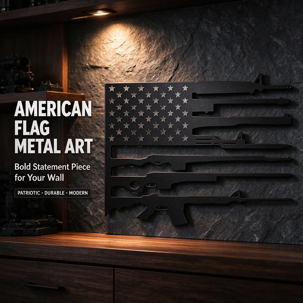 Patriotische amerikanische Flagge mit Gewehr-Silhouette, Metall-Wandkunst, US-Flagge mit Gewehr-Motiv, Metallschild, für die Männerhöhle, die Garage, als Geschenk für Veteranen. – Detail 3