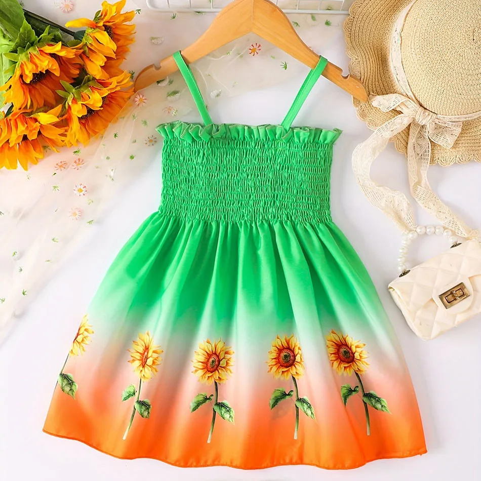 Fashionable Summer Ensemble Casual Dresses for Girls Gradient Sunflower Print Strappy Dress Cute and Comfortable for Summertime