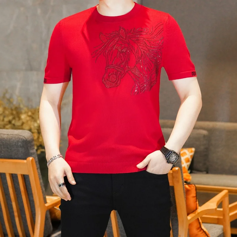 

Luxury Rhinestone Round Neck Sweater for Men Short Sleeve Casual Knitted Pullover Men's Slim Fit Business Knitwear T-shirts