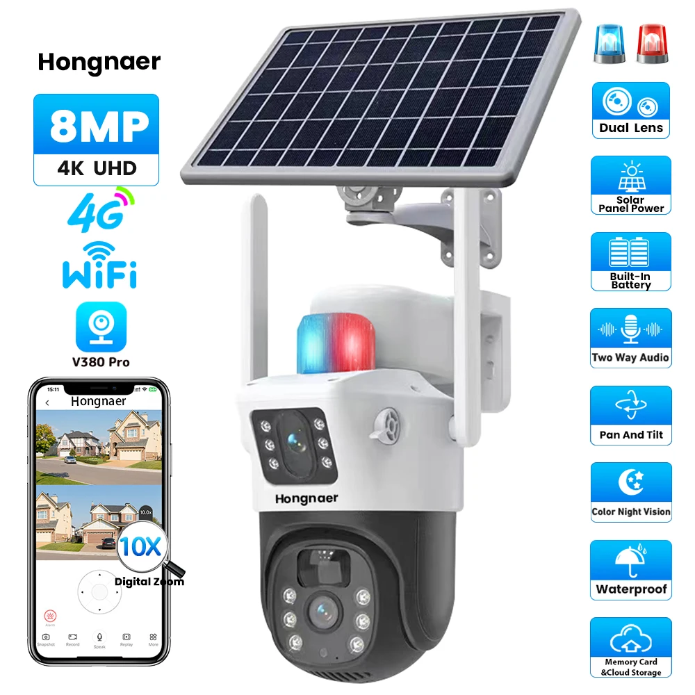 HongGlobal 8MP 4K V380 Pro WiFi Full HD Wireless Dual Lens Solar Powered Panel IP PTZ 4G Sim Card Outdoor Security Solar Camera