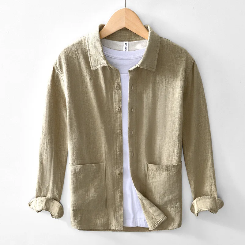 

Китайский Sle Long Sve Linen irt, мужской весенне-осенний универсальный цвет, хлопково-льняной повседневный свободный крой в стиле ретро, модный Ja...