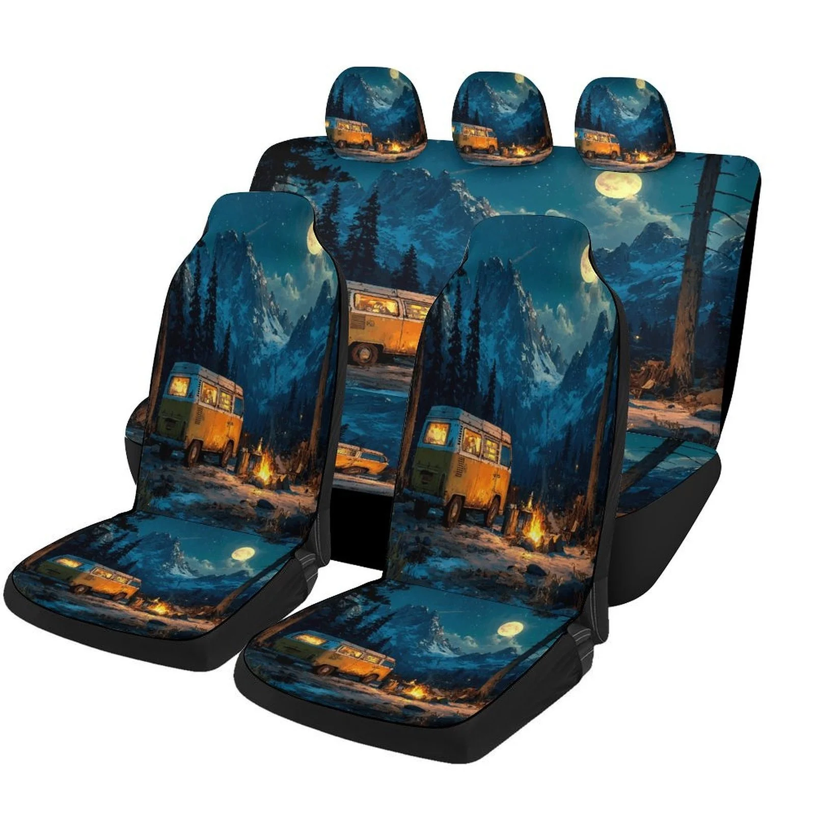 Moonlit Camping Themed Car Seat Cover Set - Trendy High-Quality Polyester Full Set For 2 Front & Rear Seats, Universal Fit For M