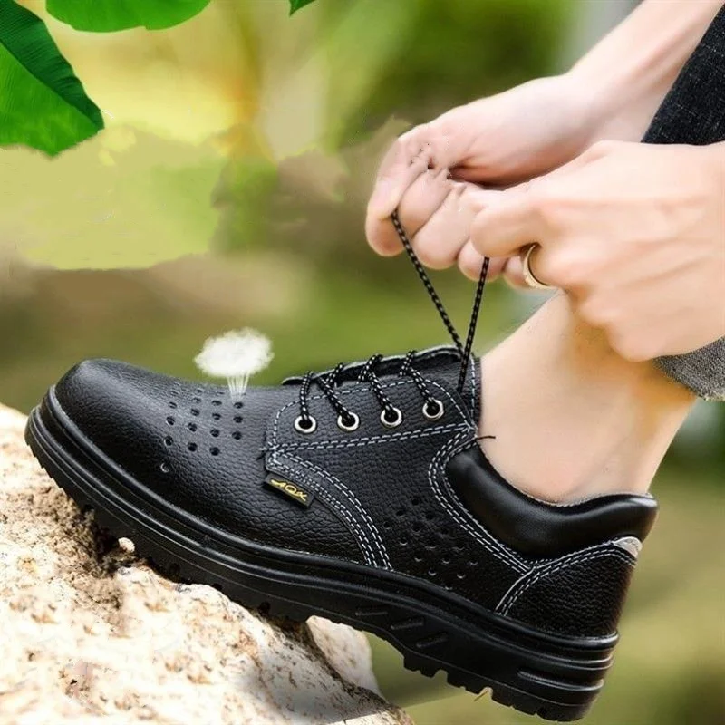plus size men casual breathable steel toe covers work shoes summer safety boots soft leather security worker footwear protection