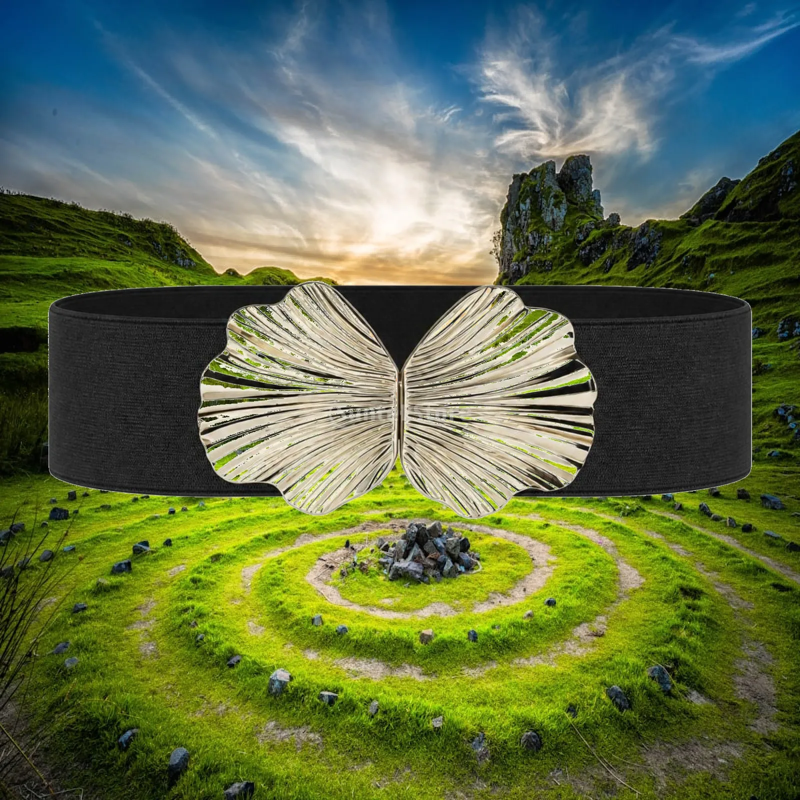 Elastic Waist Belt Stretchy Belt with Shell Buckle Coastal Feminine for Women, Dresses, Blazers