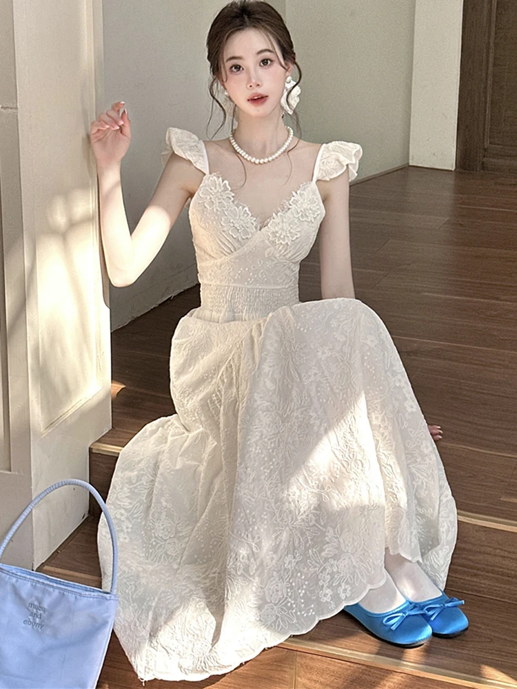 White Lace Jacquard Square Collar Sling Long Dress for Women Summer Elegant Backless Sexy Dress 2026 Korean Luxury Evening Dress