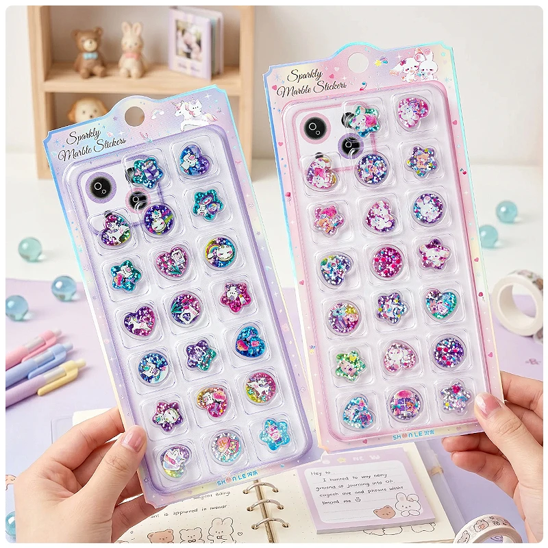 

1 pc/4 pcs Cartoon Spaikly Marble Stickers 3D Scrapbooking Diy Journaling Diary Decor Stationery Sticker Cute School Gift
