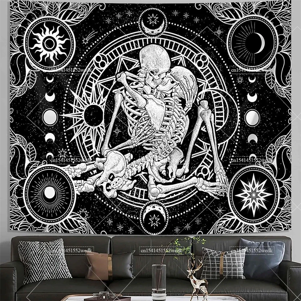 Skull Tapestry for Bedroom Black White Gothic Skeleton Tarot Wall Hanging Room Decor Aesthetic Background Cloth