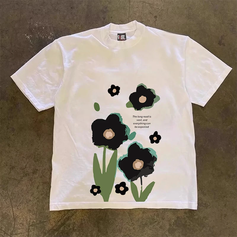Xiao Chen Story Multi 260g Heavyweight Pure Cotton Blooming Flower Loose Design Short Sleeve T-Shirt Versatile for Students