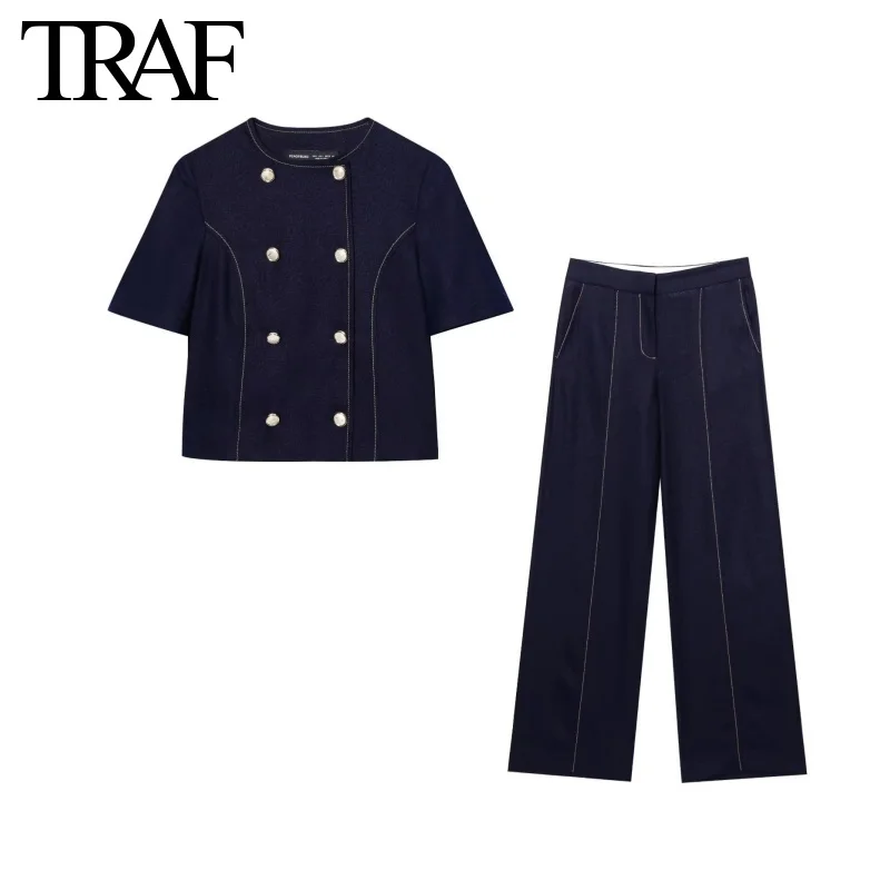 TRAF-Conjunto de dos piezas para mujer, moda de verano, traje de manga corta con doble botonadura y cuello redondo, chaqueta, pantalones informales rectos