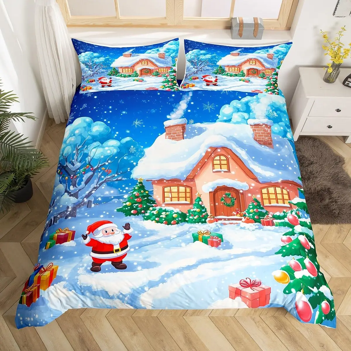 Santa Claus Twin Queen Duvet Cover, Merry Christmas Bedding Set for Child Teens Room,Cartoon Comforter Cover, Xmas Decor Bed Set