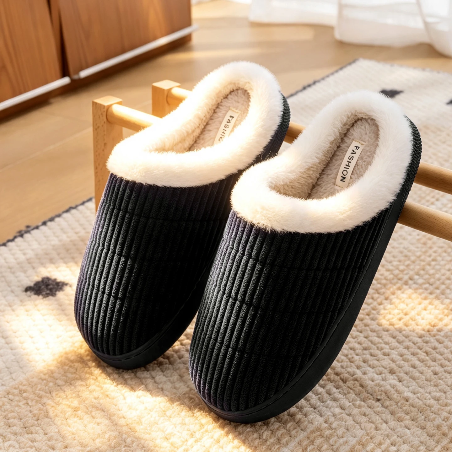 Men's Warm Winter Fleece Slippers for Indoor Home, Anti-Slip Rubber Sole, Plush Lined Cozy House Shoes, Couple Matching