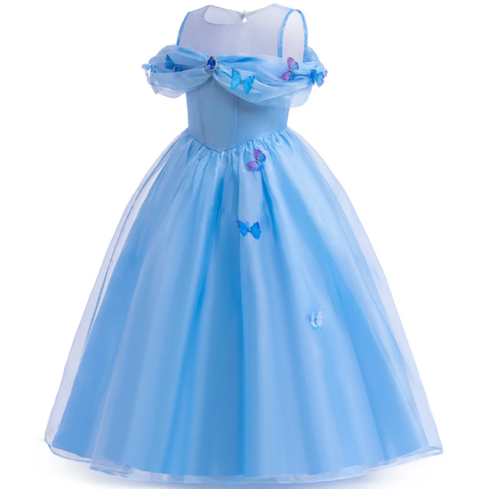 Butterfly Applique Cinderella Dress Girl Blue Princess Cosplay Costume 3-10 Yrs Kids Off Shoulder Floor Length Tulle Frocks