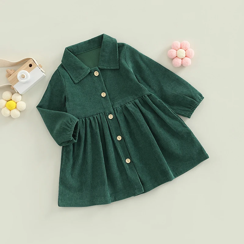 

Girls Long Sleeve Corduroy Dress with Turn-down Collar and Button-down Detail in Solid Color for Autumn Winter