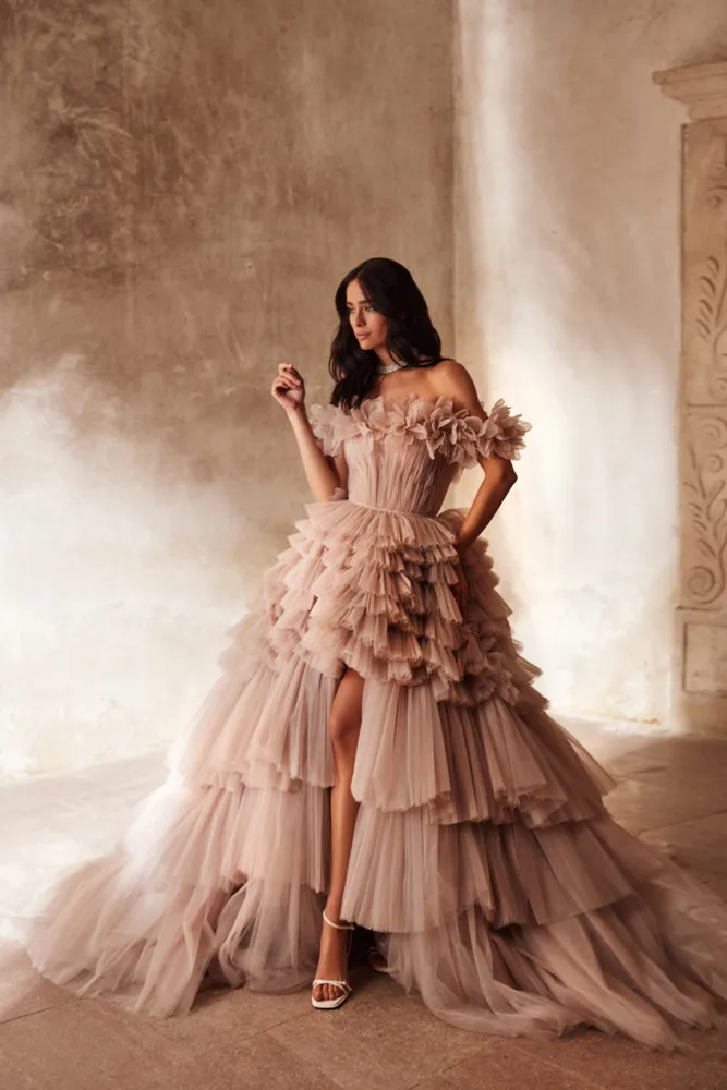 Glamorous Layered Tulle Bridal Dress Photoshoot Wedding Gown Mauve Pink Off the Shoulder Prom Party Dresses Handmade Formal Gown