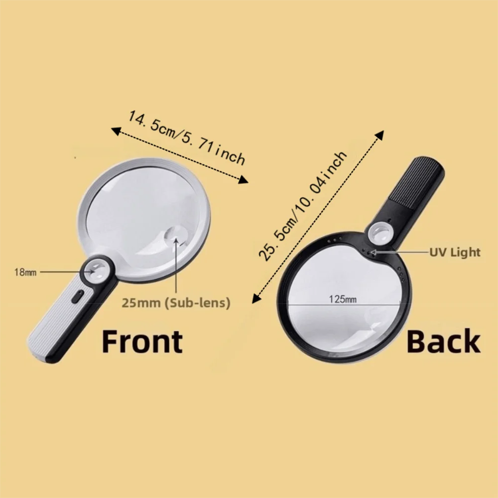 5X 10X 20X Handheld Magnifying Glass Low Vision Aids Large Lens Reading Magnifying Loupe 9 LED Light 1 UV Light