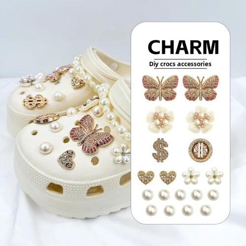 21 Uds. Conjunto de dijes para zapatos de moda, accesorios con agujero, hebilla para zapatos, mariposa de diamante, flor blanca, cadena de perlas, decoraciones para zapatos 3D DIY