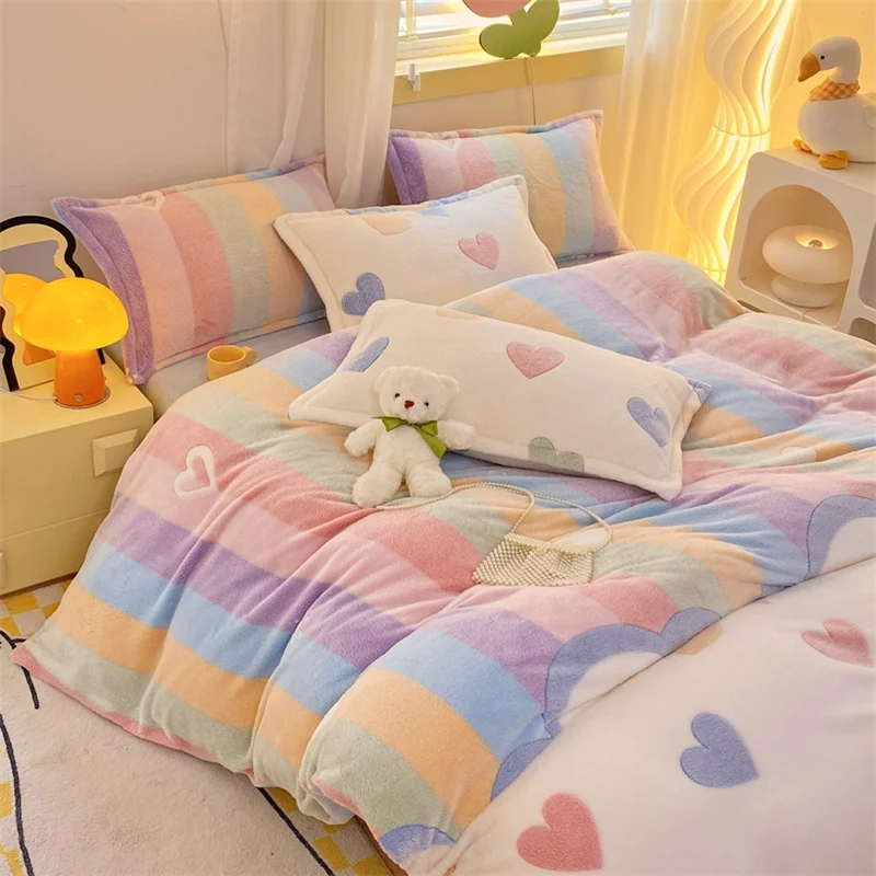 Winter Flannel Duvet Cover Rainbow Dual-color Soft Warm Quilt Cover Cozy Thick Comforter Cover for Adults Children Queen King