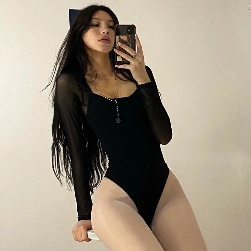 Y2k 메쉬 패치워크 슬림 점프수트 여성용, 에스테틱 몰 고스 그런지 스퀘어 칼라, 긴팔 바디수트, 섹시한 스트리트웨어 레이브 복장